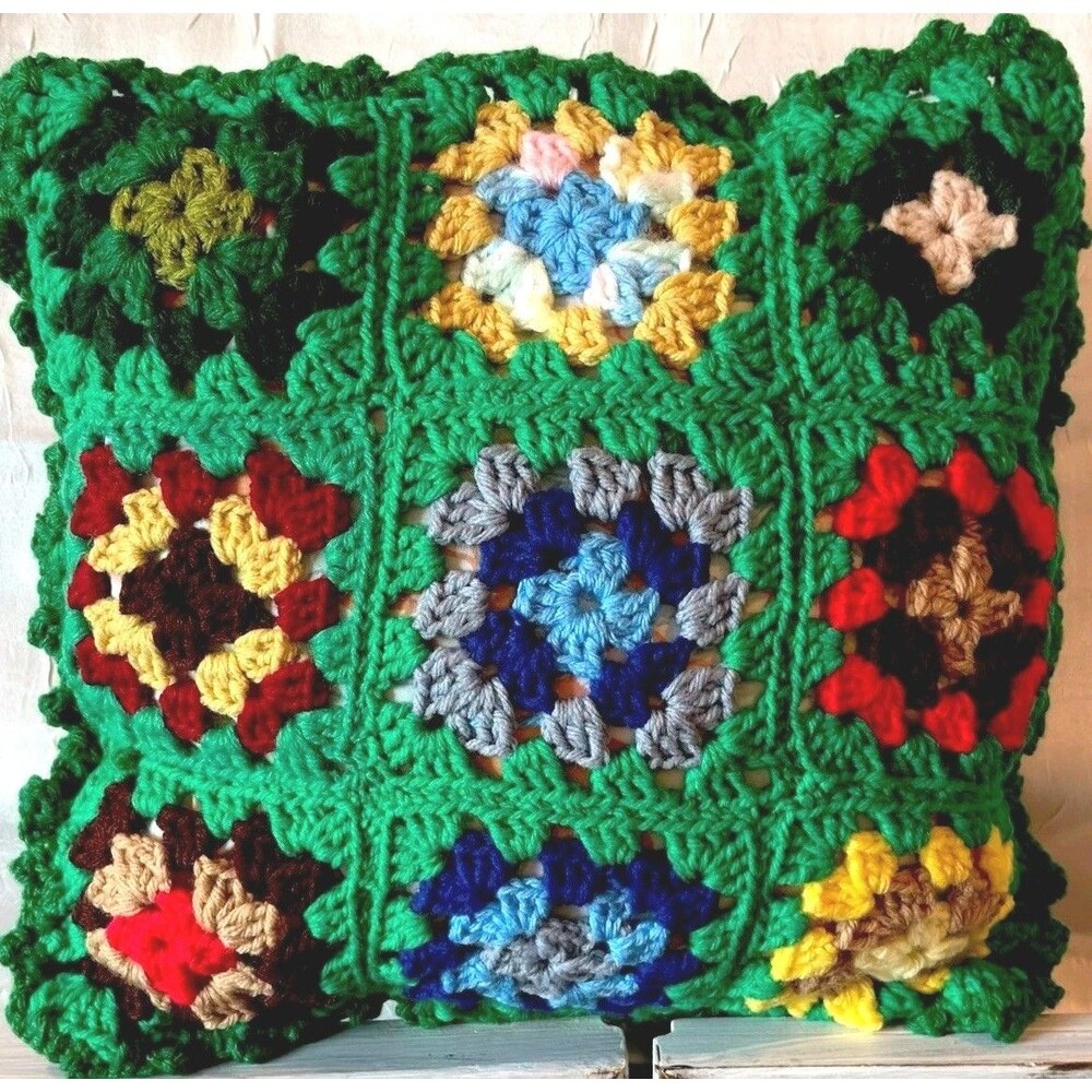Vintage Square Throw Pillow Hand Made Decor Crocheted 12x12 Nostalgic Boho